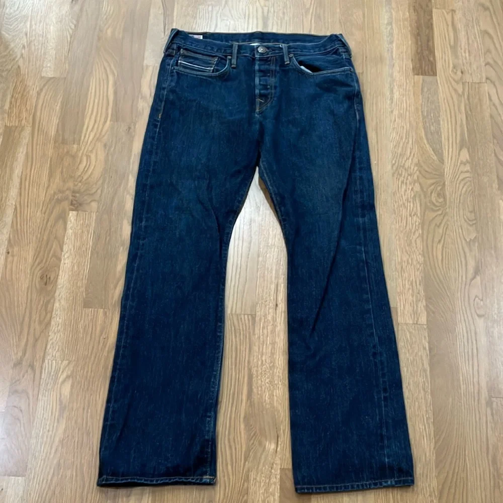 True Religion U.S. Made Men's Blue Dark Wash Cotton Denim Straight Leg Jeans
